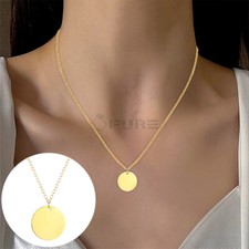 Gold Round Disc Plain Coin Pendant Choker Necklace Chain 925 Sterling Silver 1Pc