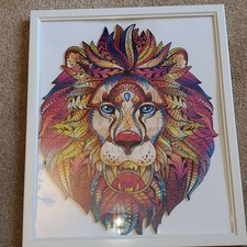 Wooden Jigsaw Puzzle Lion 212 Pieces Animal Shape Colorful 11"x9" Framed Glazed