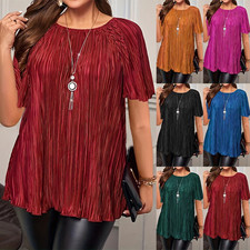 Ladies Short Sleeve Pleated Blouse Casual Loose Tee Shirts Tops Summer Plus Size