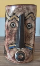 Brown Ceramic Tiki Mug Mean Maori Face Tribal Design  VGC