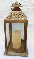 Large Brass-Coloured Metal / Glass Hanging Lantern With Large Cream Candle