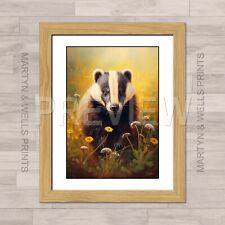 Badger print. by L Martyn. A4 Textured canvas paper. Art. Framed or Unframed.