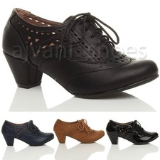 WOMENS LADIES MID BLOCK HEEL CUT OUT LACE UP BROGUE SHOE BOOTS BOOTIES SIZE