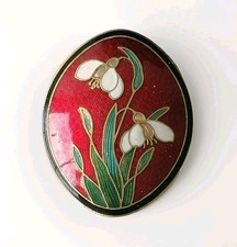 80s Vintage Retro FISH CROWN Snowdrop Cloisonne Enamel Flower Floral Brooch Oval