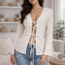 Cream Linen Look Tie Front Top