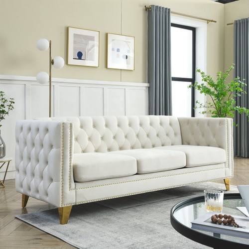 Beige velvet seat - velvet, 3-seat