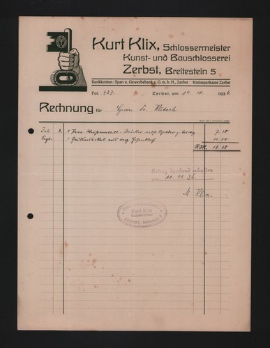 Zerbst invoice 1936 - 1936,, kurt