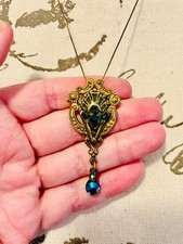 VTG 50s Victorian Revival Pendant Brooch w/ Blue AB Crystal Drop,925 Italy Chain