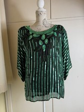 Vintage 80s 100% SILK Frank Usher Size M 12/14 Green Beaded Sequin Top Blouse
