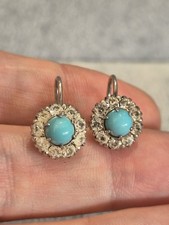 Sterling Silver Vintage Turquoise Flower and clear stone Screw back Earrings