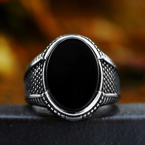 Men black oval stone - men's, signet