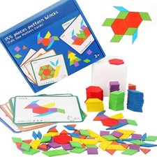 155PCS Wooden Pattern Blocks Set Geometric Shape Puzzle Tangram Toys