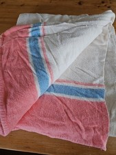 Vintage Pure Wool Blanket Pink Blue White Campervan Picnic Home 82 X 94 Inches