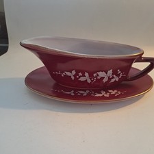  JAJ Pyrex gravy boat and saucer, White Hawthorn on Claret 1960' Vintage