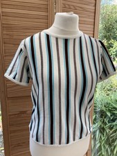 Vintage Courtelle Spinney Short Sleeve Jumper Cream W/Blue Brown Stripes Medium