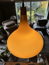 Vintage 1970s Danish Amber Cased Glass Holmegaard Pendant Light - Teak Finial