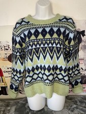 Warehouse Argyle Diamond Pattern Green Blue Stretch Soft Sweater Jumper M 38”