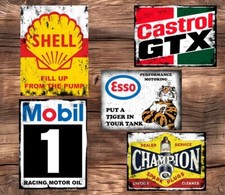Vintage Tin Sign OIL RACING Garage Mechanic Car Man Cave Metal Plaques SET x 5