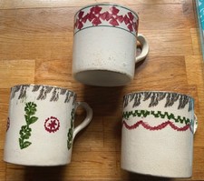 3 Rare Antique Sponge ware Mugs 19th Century Spongeware Irish ?