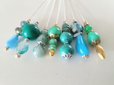Vintage Bead Hat Pins Bundle Turquoise Aqua Jade Sea Green 5" made in UK  7 pins