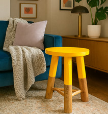 Rustic Dipped Yellow Wooden Bedside Stool Outdoor Garden Solid Low Coffee Table 