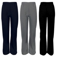 GIRLS PULL UP SCHOOL TROUSERS HALF ELASTICATED WAIST UNIFORM PLAIN PANTS BOTTOMS