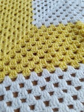 Vintage Crochet Baby Pram Blanket Yellow And White Square Cot Bed Dolls