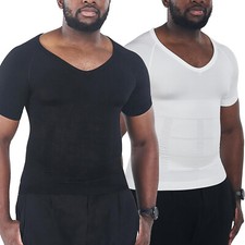 Men's Muscle V-Neck Compression Vest Body Shaper Baselayer Slimming Tops T-Shirt