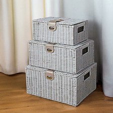 3 Wicker Storage Boxes Grey