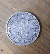 Germany  Nazi Third Reich 5 Reichsmark Silver Coin 1939 E WW2 Era. Very Fine