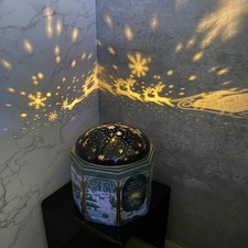 M&S Snowy Christmas Biscuit Tin EMPTY Musical Rotating Projector Lights Up 6.5"