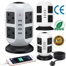 Tower Extension Lead 8 Socket +4 USB With Indicator & Surge Protection 3m Cable
