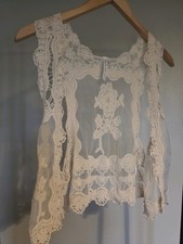 Stunning Vintage Crochet Cotton Shawl Waist Coat Nella Fantasia Cream Antique S