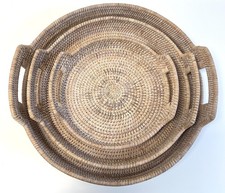 Round Rattan Tray with Handles White Wash Wicker Boho Farmhouse 3 Sizes Display