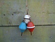 3 X Wooden Fishing Boat Net Floats On Rope Red Blue White Wood Buoys Trawler