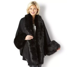 FRANK USHER  Black Faux Fur Trimmed Cape Jacket ONE SIZE