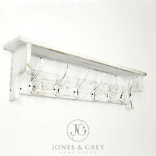 VINTAGE DISTRESSED WHITE WOODEN WALL COAT RACK SHELF WITH 6 CAST IRON HOOKS
