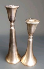 PAIR OF POTTERY BARN SILVER / CHROME TONE TAPERED CANDLESTICKS  8" & 10" TALL