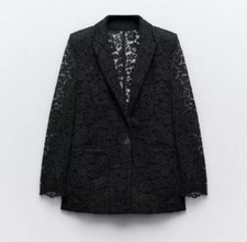 ZARA NEW WOMAN FLORAL LACE BLAZER WITH PADDED SHOULDERS JACKET BLACK size M