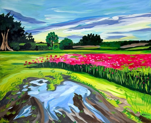 Landscape flowers painting sky - flowers, painting-sky