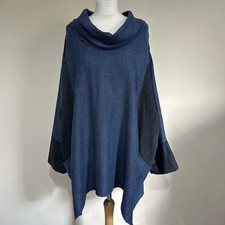 Terry Macey Top One Size Blue Grey Textured Cowl Neck Long Sleeve Tunic Wool Mix