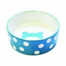 Happy Pet Polka Dot Dog Bowl Blue Bone Ceramic Pet Feeding Dish for Food & Water