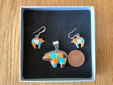 Native American Inlay Bear Pendant and Earring Set