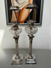 antique pair of silver plate oil lamps lead glass Fonts silver plate Messenger
