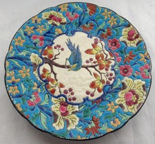 STUNNING ANTIQUE PLATE WITH LONGWY ENAMEL BASE BIRD DECOR