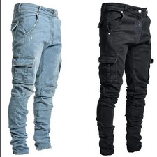 Mens Cargo Jeans Denim Joggers Slim Fit Elastic Casual Pants Mid Waist S-XXXL