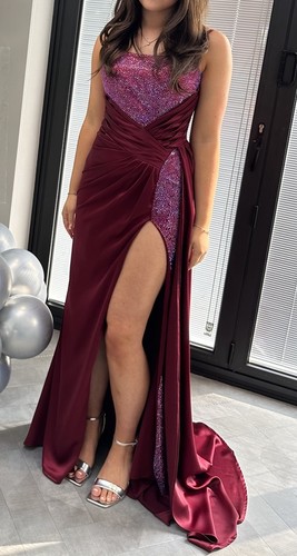 Embelished burgundy prom dress