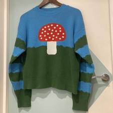 ZARA Mushroom Jumper Sweater Knit Top Sz L Eur Blogger Toadstool Blue Green Boxy