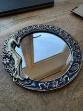 Beautiful Art Nouveau Style   Mirror Blue Gold Round Decorative Vanity Vintage