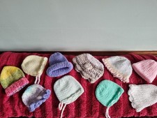 Bundle Of 10 Handmade crochet, knitted  baby hats preemie, doll, reborn Lot